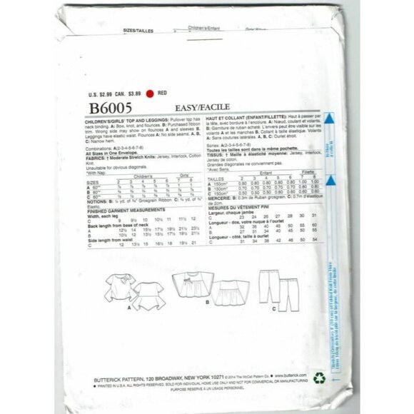 Butterick See and Sew Sewing Pattern 6005 Girls Top Leggings Size 2-8 - Picture 3 of 4